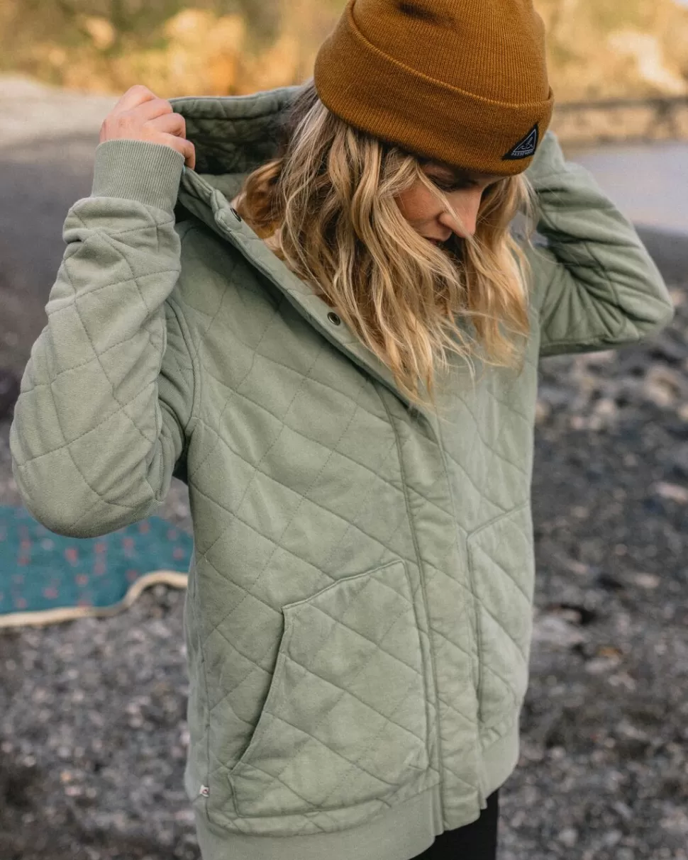 New Passenger Clementine Recycled Quilted Popper Up Hoodie Pistachio