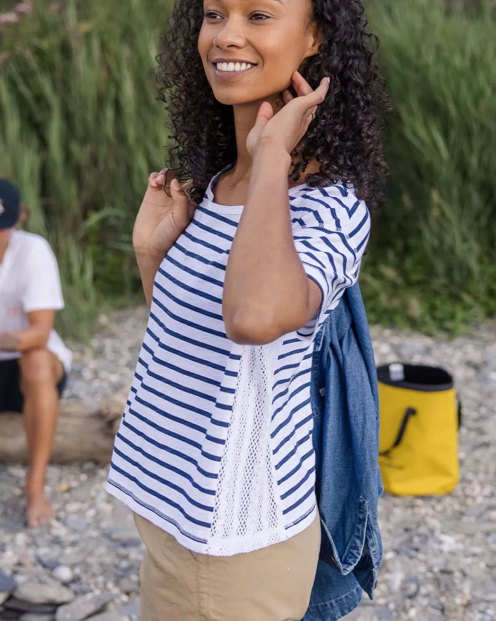 Clearance Passenger Magnolia Recycled Cotton Crochet Trim T-Shirt Navy Stripe